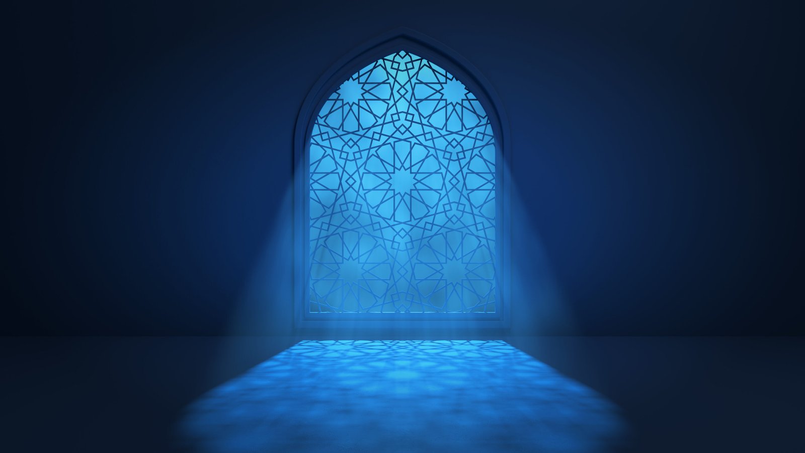 Moon light shine through the window into islamic mosque interior. Ramadan Kareem islamic background. 3d render illustration.